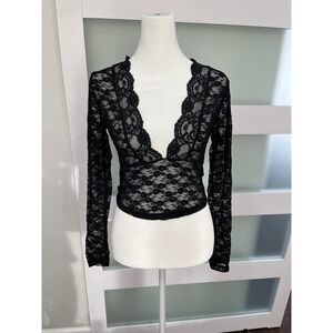 Goth edikted Black Floral Lace Deep V-Neck Long Sleeve Crop Top Size Medium